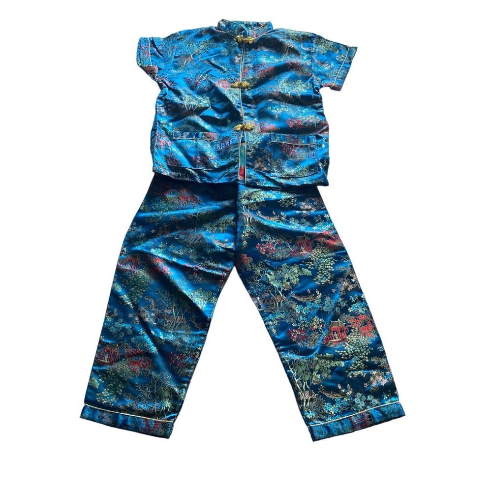 Vtg 50s/60s Satin Embossed Hong Kong Outfit Girl Sz 24 US 5/6‎ Turquoise Pagodas